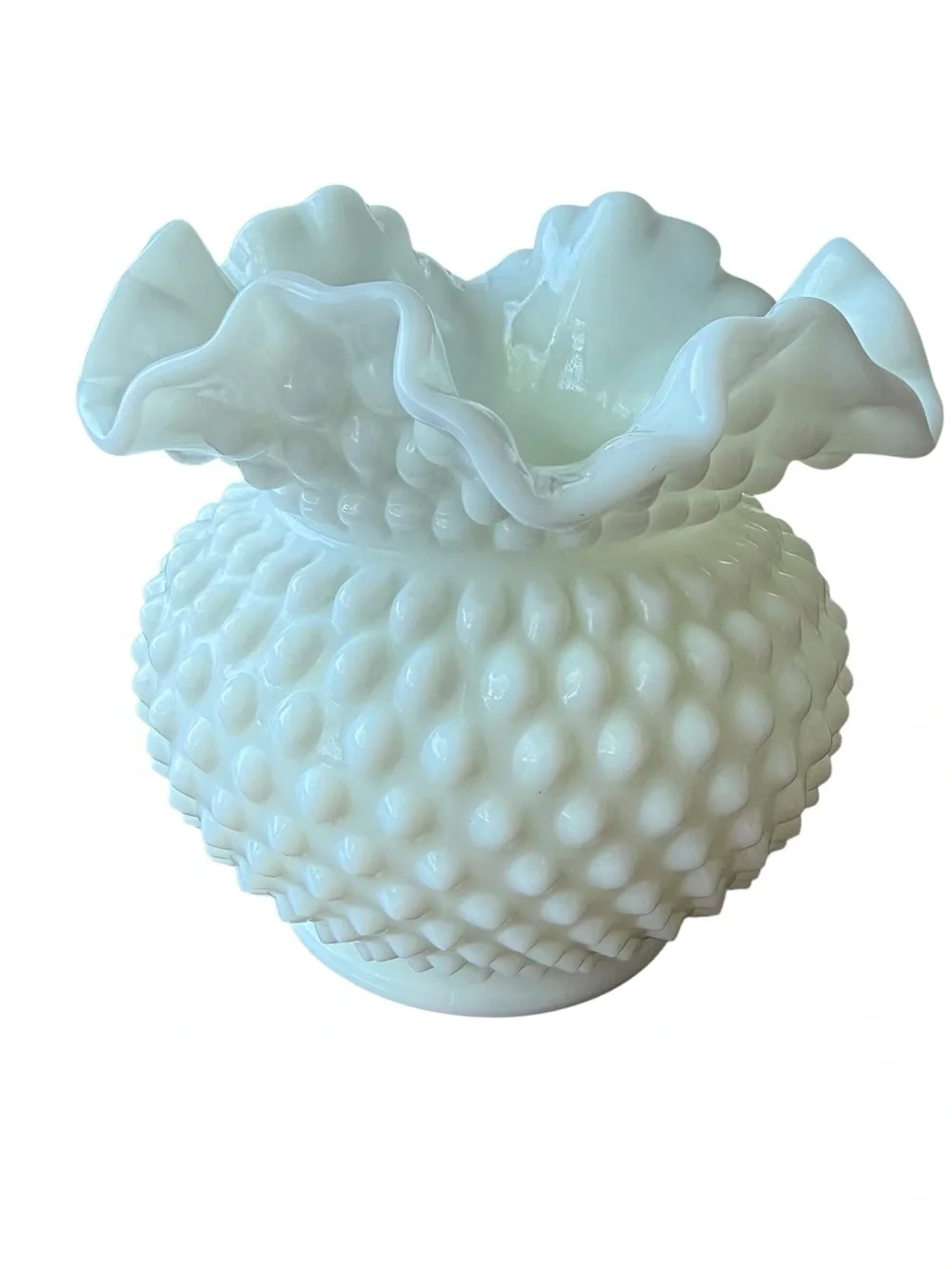 Vintage Fenton Hobnail Milk Glass Ruffled Top 5’’ Vase Rose Bowl